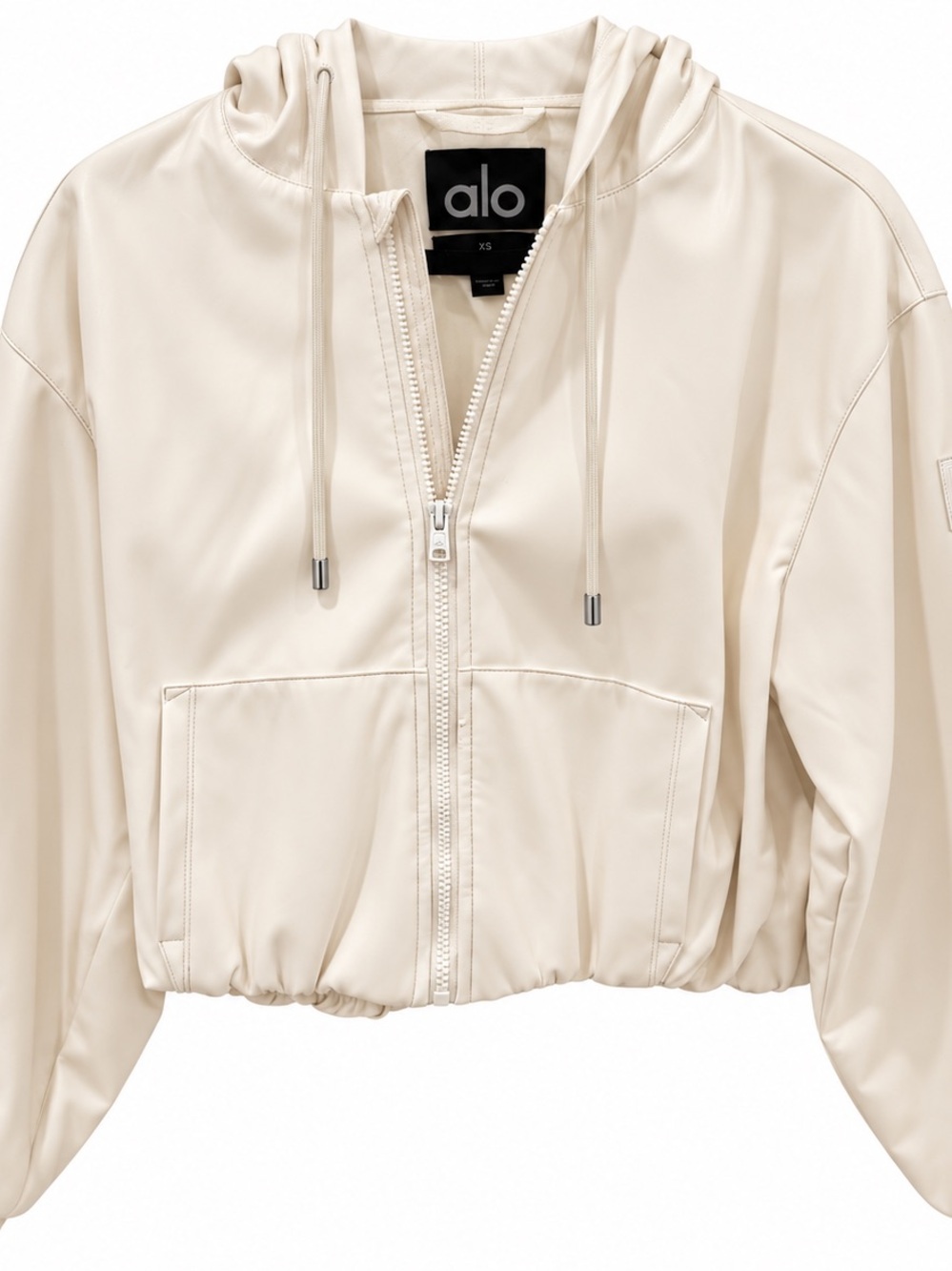 ALO Yoga Cream Zip Front Hooded Bomber Jacket